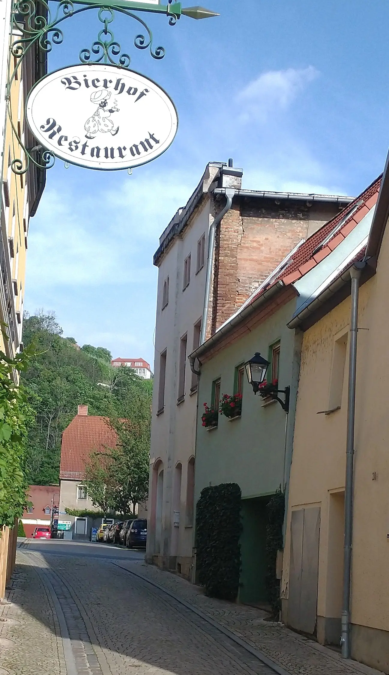 Sicht auf das grüne Ferienhaus von der Straße aus, im Hintergrund der Edelacker